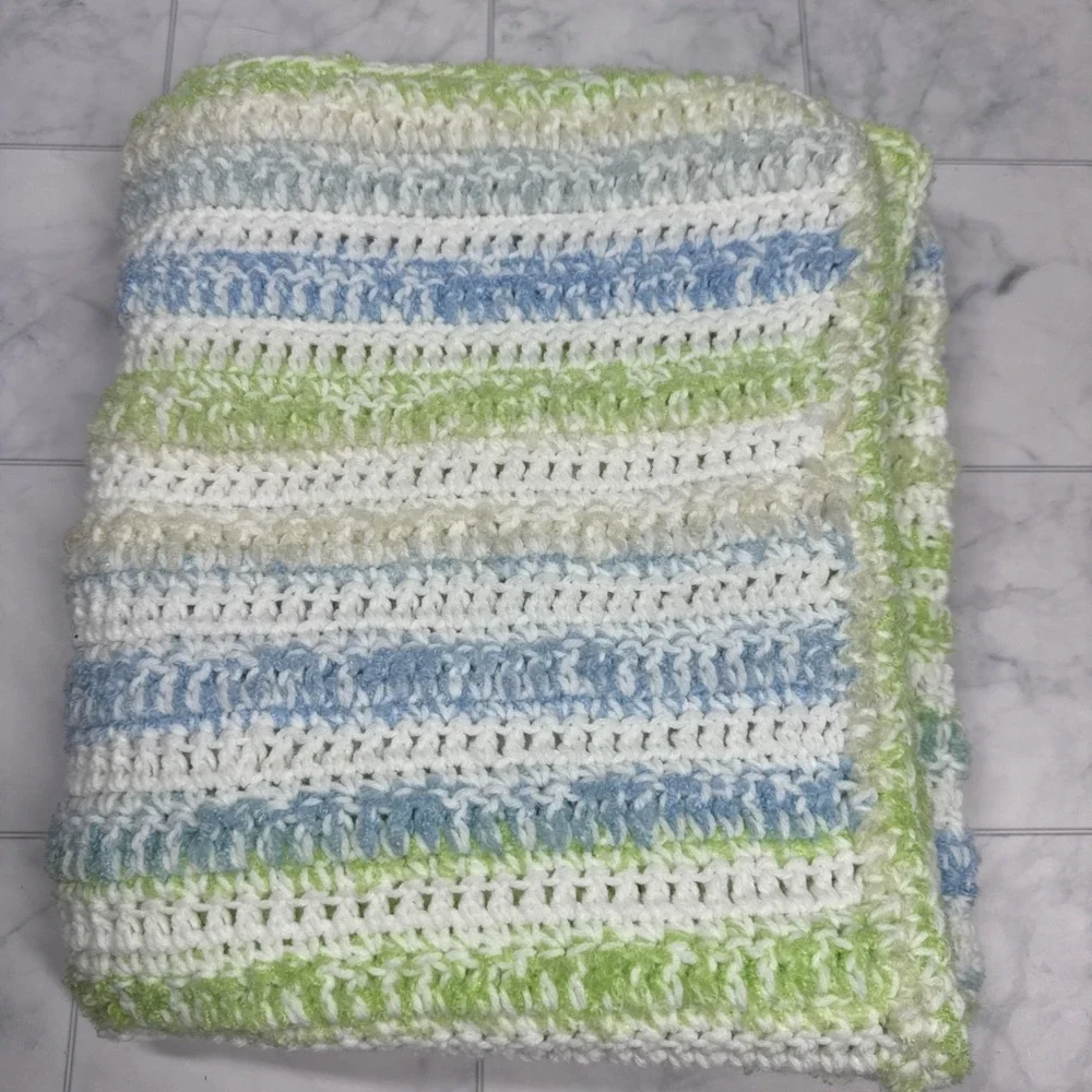 Handmade Crochet Striped Throw Blanket Blue Green White Afghan Cottagecore 47x26